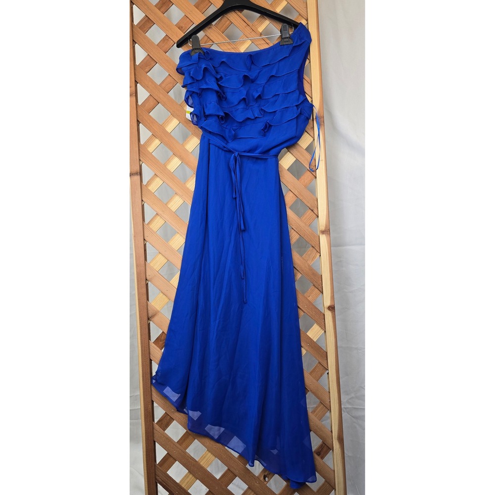 Maison Tara Ruffle Maxi Dress Womens 14 Blue One Shoulder Chiffon 92528M - NEW